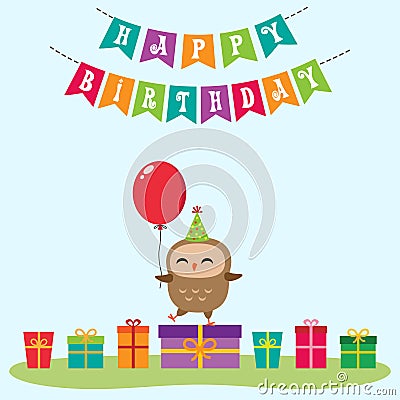 Birthday card with cute owlet Vector Illustration