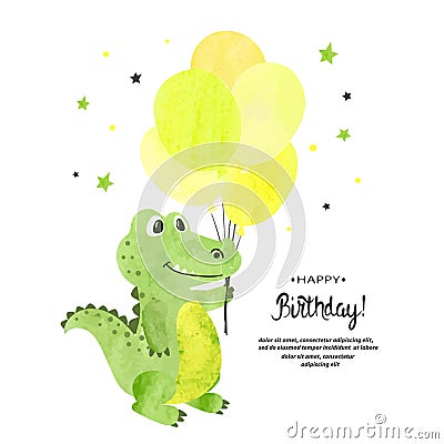 Birthday card design. Cute watercolor crocodile with balloons Vector Illustration