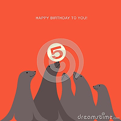 Birthday card design with sea lions Vector Illustration