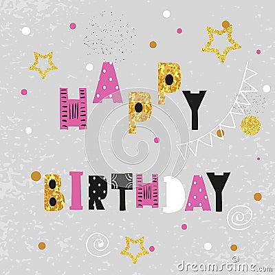 Birthday card design with sparkling dots and stars. Vector Illustration