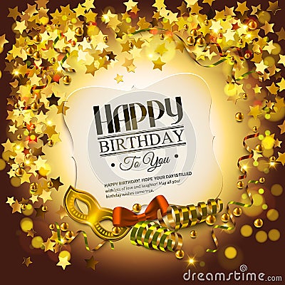 Birthday card with golden stars, colorful curling Vector Illustration