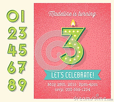 Birthday card invitation design with set of lighted retro numbers Vector Illustration