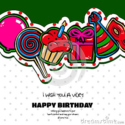 Birthday card with items, balloon, cake, hat, lollipop, masquerade and gift on dotted background. Vector Vector Illustration