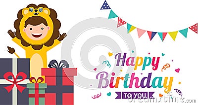 Birthday card with kids in animal costume Vector Illustration
