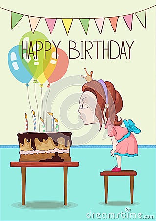 Birthday card with little girl Vector Illustration