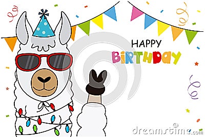 Birthday card. Llama with glasses and party hat Vector Illustration