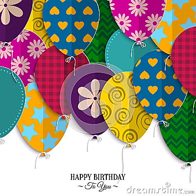 Birthday card with paper balloons and birthday Vector Illustration