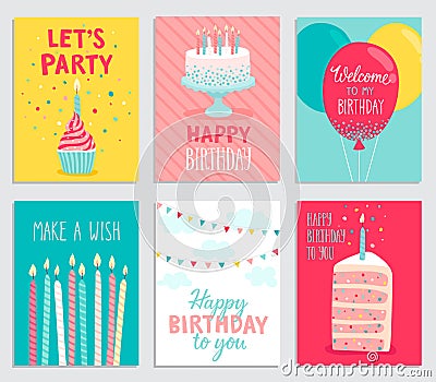 Birthday card set. Vector Illustration