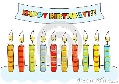 Birthday card. Sketch postcard Birthday with cake, candles and ribbon. Vector illustration. Vector Illustration