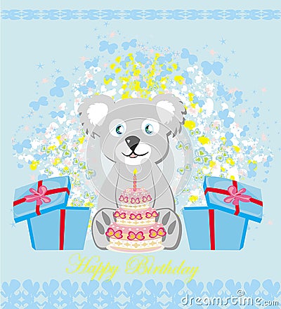 Birthday card, sweet teddy bear holding a birthday cake Vector Illustration