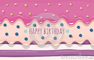 Birthday card template. Melted flowing cream layers background. Cake close-up decorated with glitter dots. Girly. Vector Vector Illustration