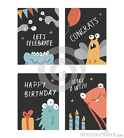 Birthday cards set with Cute monsters. Cartoon monsters collection. Vector illustration Vector Illustration