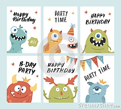 Birthday cards set with Cute monsters. Cartoon monsters collection. Vector illustration Vector Illustration