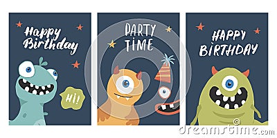 Birthday cards set with Cute monsters. Cartoon monsters collection. Vector illustration Vector Illustration