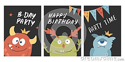 Birthday cards set with Cute monsters. Cartoon monsters collection. Vector illustration Vector Illustration