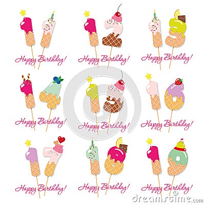 Birthday cards set. Festive sweet numbers from 11 to 19. Coctail straws. Funny decorative characters. Vector Cartoon Illustration