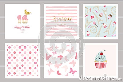 Birthday cards set for teenage girls. Including seamless patterns in pastel pink. Sweet 16, butterflies, cupcake, polka Vector Illustration