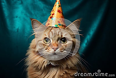 Birthday cat kitty funny cute pretty happy small animal playful festive hat celebrate, cake candles gifts banner copy Stock Photo