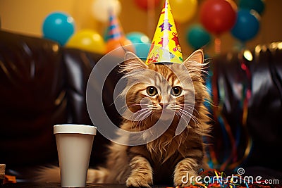 Birthday cat kitty funny cute pretty happy small animal playful festive hat celebrate, cake candles gifts banner copy Stock Photo