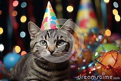 Birthday cat kitty funny cute pretty happy small animal playful festive hat celebrate, cake candles gifts banner copy Stock Photo