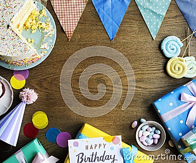 Birthday Celebration with Cake Presents Card Copy Space Stock Photo