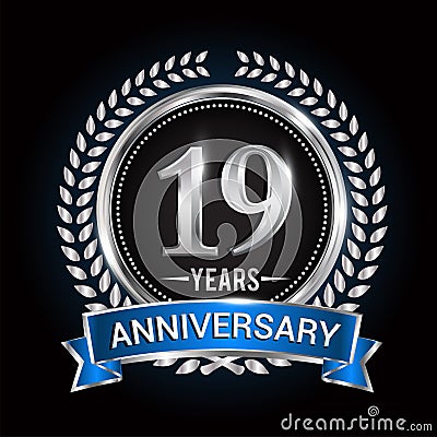 Birthday celebration logo 19th years with wreath, laurel, blue ribbon and silver ring Vector Illustration