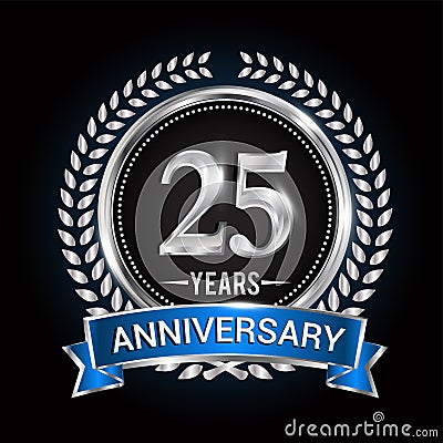 Birthday celebration logo 25th years with wreath, laurel, blue ribbon and silver ring Vector Illustration