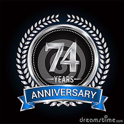 Birthday celebration logo 74th years with wreath, laurel, blue ribbon and silver ring Vector Illustration