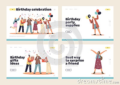 Birthday celebration and party event landing pages set with cheerful people greeting with holidays Vector Illustration