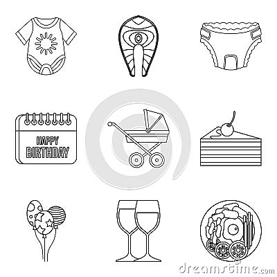 Birthday of child icons set, outline style Vector Illustration