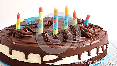 Birthday chocolate cake with colored candles Ai Generated Stock Photo