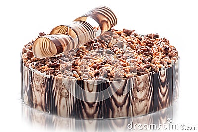 Birthday chocolate cake with nuts and chocolate decoration, piece of cream cake, patisserie, photography for shop, sweet dessert Stock Photo