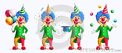 Birthday clown character vector set design. Buffoon entertainer character collection Vector Illustration