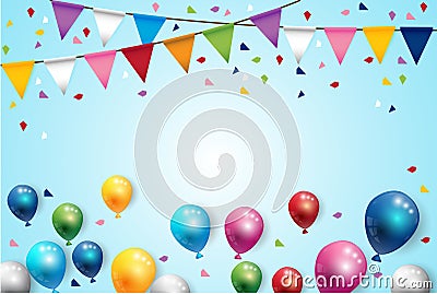 Birthday Color Balloons and Party Flags Background Vector Illustration