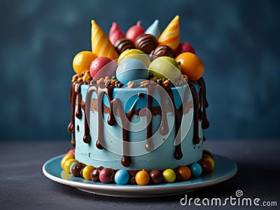Birthday colorful cake decorated with sweets on a blue background poured with chocolate Stock Photo