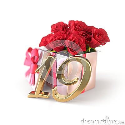 Birthday concept with red roses in gift isolated on white background. nineteenth. 19th. 3D render Stock Photo