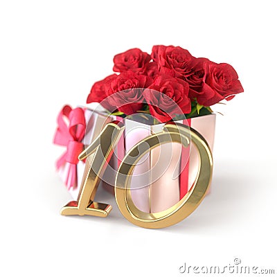 Birthday concept with red roses in gift on white background. tenth. 10th. 3D render Stock Photo