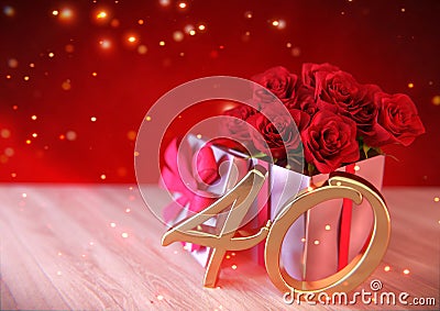 Birthday concept with red roses in the gift on wooden desk. fortieth. 40th. 3D render Stock Photo