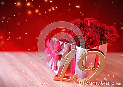 Birthday concept with red roses in the gift on wooden desk. nineteenth. 19th. 3D render Stock Photo