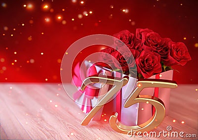 Birthday concept with red roses in gift on wooden desk. seventyfifth. 75th. 3D render Stock Photo