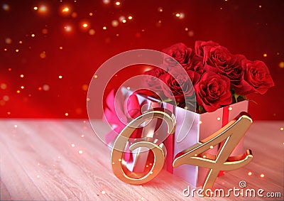 Birthday concept with red roses in gift on wooden desk. sixty-fourth . 64th. 3D render Stock Photo