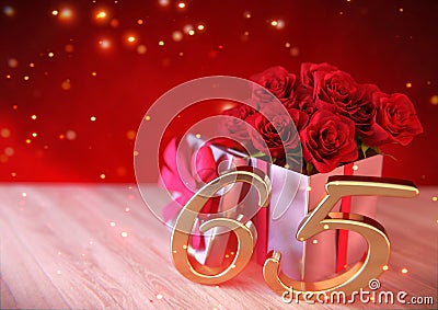 Birthday concept with red roses in gift on wooden desk. sixtyfifth. 65th. 3D render Stock Photo