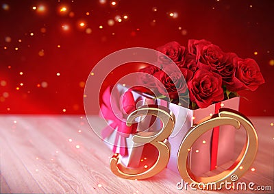 Birthday concept with red roses in the gift on wooden desk. 30th. 3D render Stock Photo