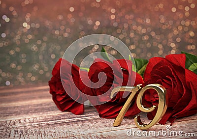 Birthday concept with red roses on wooden desk. seventy-nineth. 79th. 3D render Stock Photo