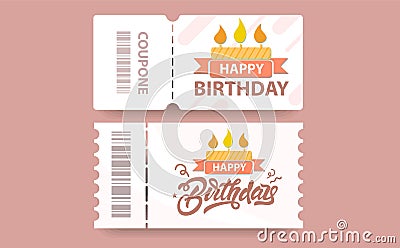 Birthday coupon gift card with coupon code and cake illustration. Vector Cartoon Illustration
