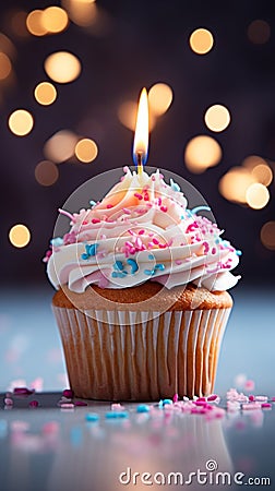Birthday cupcake with burning candle, closeup, light background Stock Photo