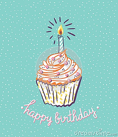 Birthday cupcake with candle. Vector bright poster. Vector Illustration