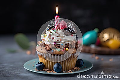 Birthday cupcake with chocolate frosting and candles, selective focus, A Happy birthday cupcake with so many sweet toppings and Stock Photo