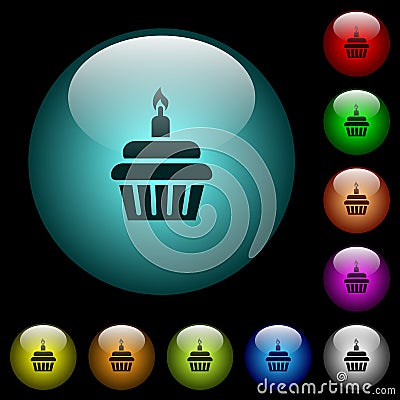 Birthday cupcake icons in color illuminated glass buttons Stock Photo