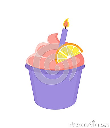 Birthday Cupcake with Lighted Candle and Orange Vector Illustration